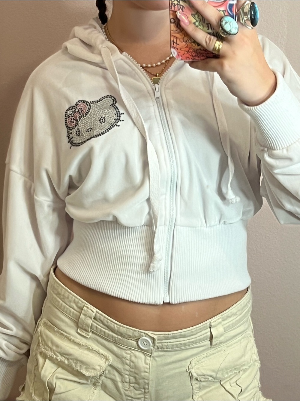 Hello Kitty White Cropped Zip Hoodie with Rhinestone Patch